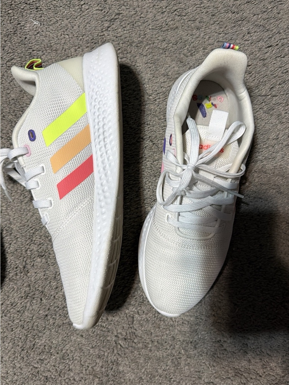 adidas White Sneakers with Neon Yellow, Peach, and Coral Stripes
